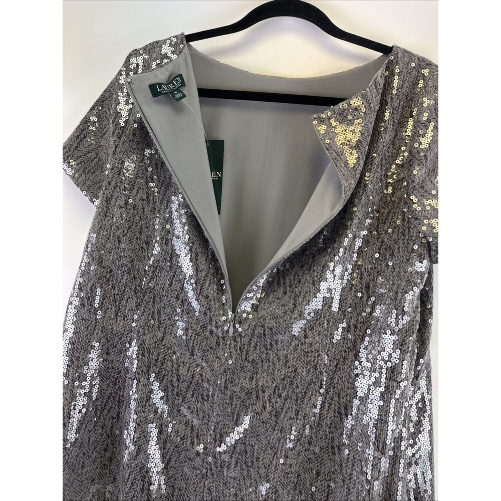 Lauren Ralph Lauren Evening Dress Gray Silver Sequins Shift Short Sleeves New 16 - Picture 6 of 15